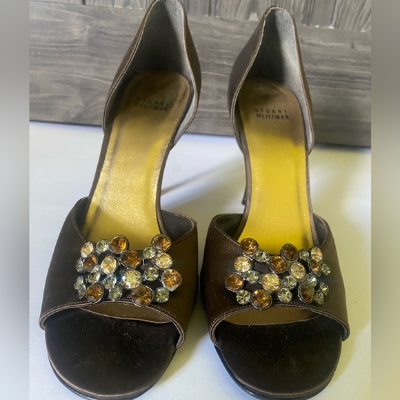 Stuart Weitzman brown satin "Blarneystone" d'orsay heels with stones EUC, sz 9.5 - Picture 6 of 7